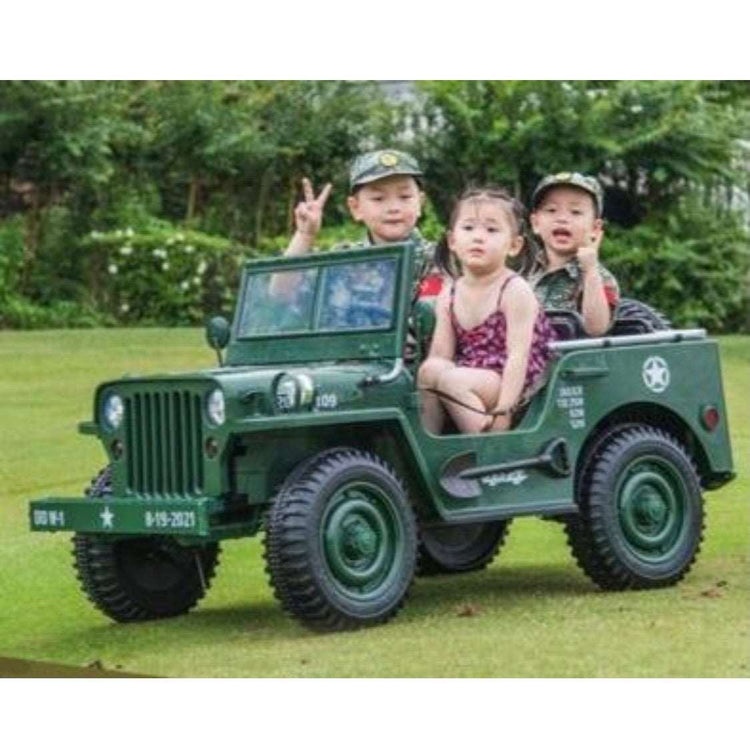 2024 Military Willy 24V | 4x4 Jeep Style Truck Upgraded | 3 Seater Ride-On | Leather Seats | Rubber Tires | Upgraded | Remote