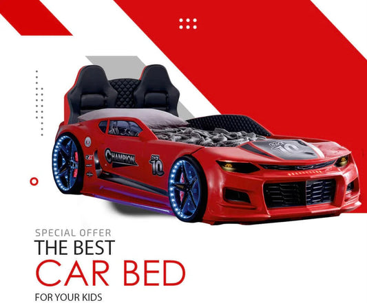 Super Cool 2025 Red Champion Twin Size Car Bed For Kids | LED lights | Remote Control For Features